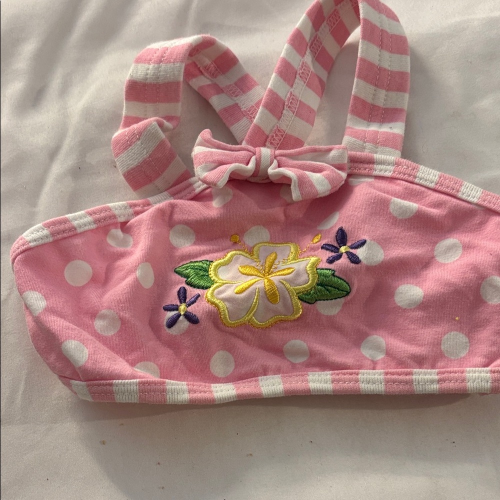 Tropical Escape Pink and White Polka Dot Bikini Top with Floral Design 2T